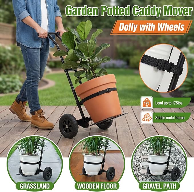 Adjustable Plant Caddy with Wheels Heavy Duty Plant Dolly Cart w/Grab Arm and Strap Dual Protection Garden Potted Plant Mover Dolly for Planter Flower Pots Indoor Outdoor Supports 175lbs Black