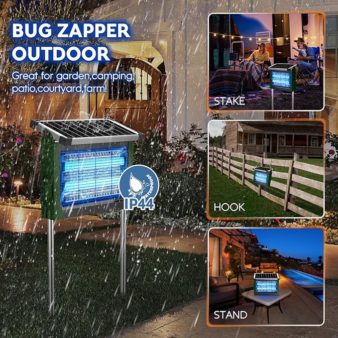 Solar Bug Zapper Outdoor PhatroyYee Mosquito Zapper 4500V Waterproof Portable Fly Zapper Rechargeable Electric Mosquito Killer Cordless Fly Insect Mosquitos Trap for Patio Yard Camping(Army Green)