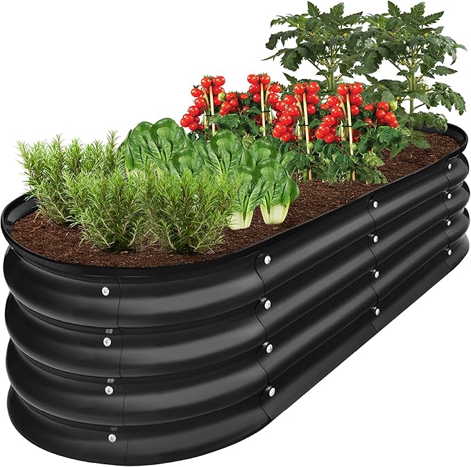 Best Choice Products 4x2x1ft Outdoor Metal Raised Garden Bed Oval Deep Root Planter Box for Vegetables Flowers Herbs and Succulents w/ 51 Gallon Capacity Rubber Edge Guard - Black