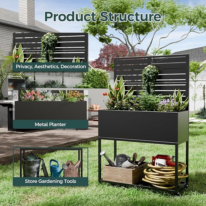 Metal Planter Box Multi-Functional &amp Easy to Assemble 55 H x 35 W Raised Garden Bed for Climbing Plants Elevated Standing Garden Planter with Drainage Holes for Outdoor Patio Black