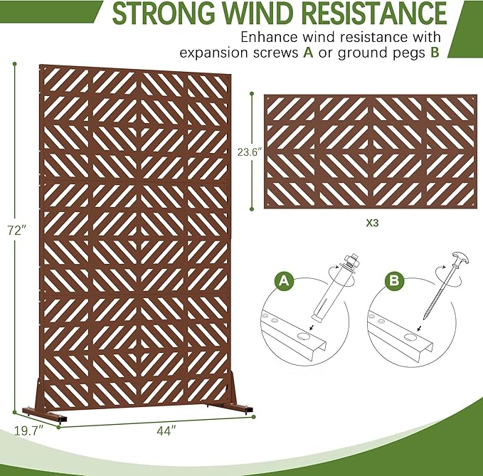 Cofar Metal Privacy Screen Outdoor 72 H×44 W -Brown Freestanding Outdoor Privacy Panels with Stand Decorative Fence for Patio Deck Balcony（Striped）