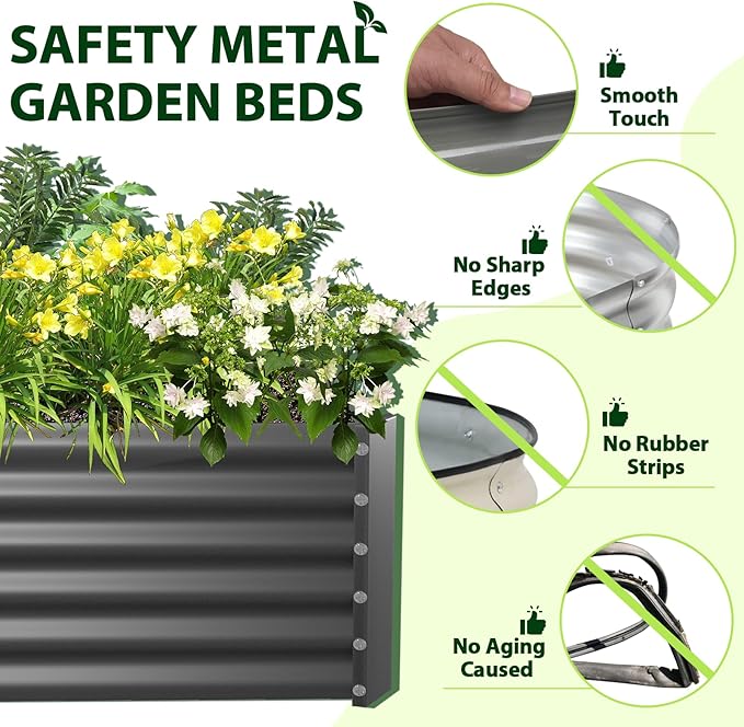 A ANLEOLIFE 4 Pcs 8X4X1.5 ft Rectangular Galvanized Raised Garden Beds Outdoor for Planting Vegetables Flowers Herb Quartz Grey