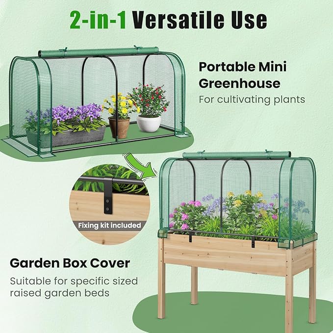 Giantex Raised Garden Bed with Cover Wood Elevated Planter Box with Legs &amp Mini Greenhouse Waterproof Sun-Protective PE Green House Cover Outdoor Use for Fruit Vegetable Flower Herb (Green+Natu