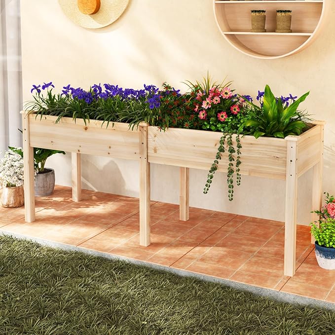 Giantex Raised Garden Bed with Legs 73x23x30 Elevated Wood Planter Box w/Divider Panel Drainage Holes Ideal for Flower Herb Vegetable Raised Garden Beds Outdoor for Gardening Backyard Patio