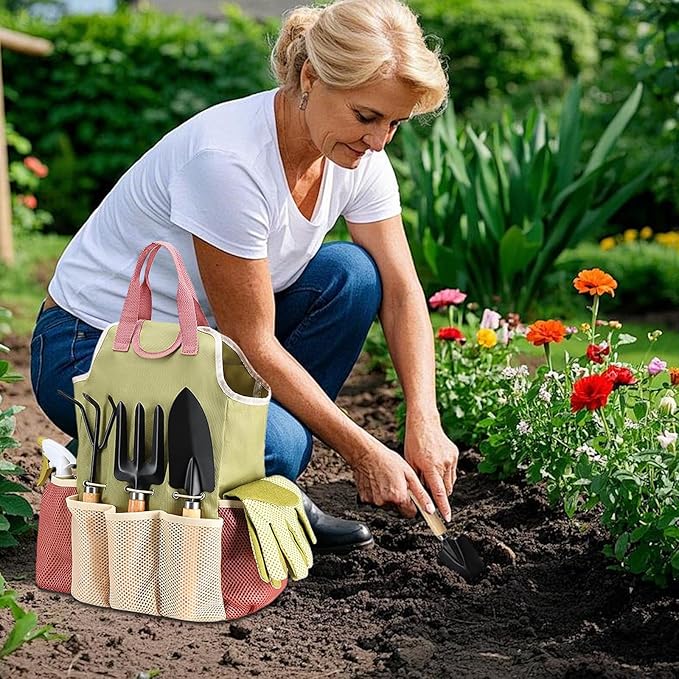 Set of 9 Garden Tools Set with A Storage Carry Bag Gardening Hand Tools Easy Handling for Outdoor Plant Care Gardening Gifts for Women Home Use