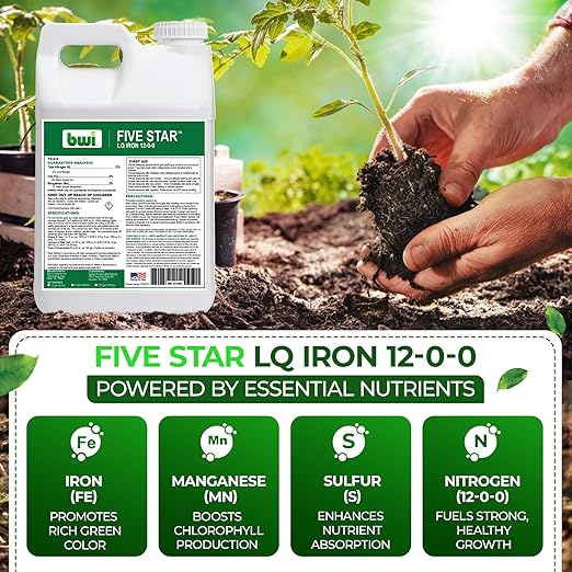 Five Star LQ Iron 12-0-0 Liquid Fertilizer for Rapid Green-Up &amp Chlorosis Correction - Perfect Nitrogen Fertilizer with 6% Iron 2% Manganese &amp Low pH for Turf Trees &amp Ornamentals - 2.5 G