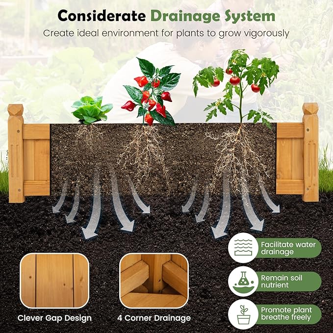 Giantex Raised Garden Bed Wooden Planter with Drainage Holes Rectangular Plant Box for Vegetables Flowers Herbs Fruit Growing Raised Container for Garden Patio Balcony Easy Assembly