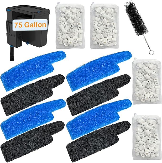 17-Set Filter Media Kit Replacement for Seachem Tidal 75 Gallon (300 Liters) Large Aquarium Fish Tank Filter Comprising: Ceramic Rings Blue Foam Filters Carbon Sponge Filters 1 Brush and Mesh Bags