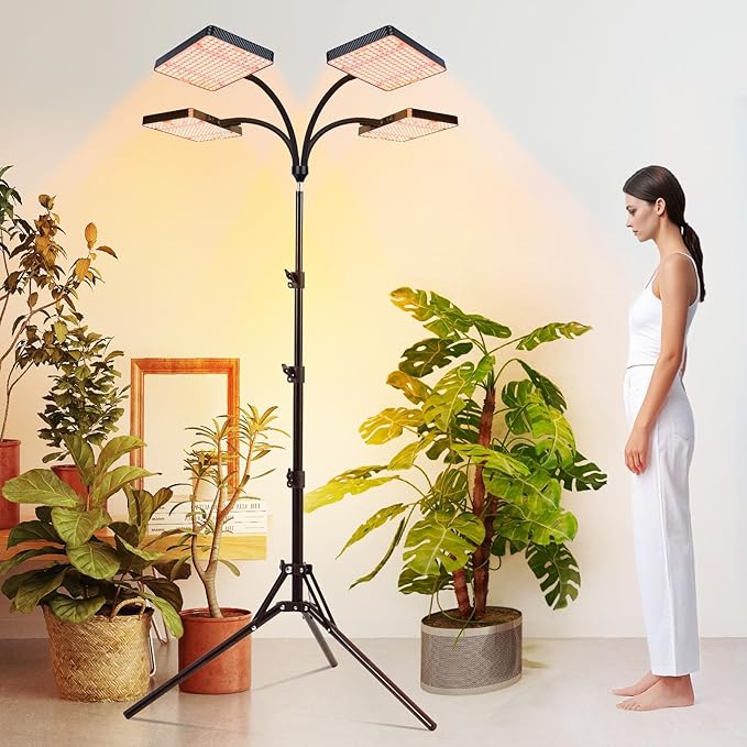 FECiDA 2026 4Head Grow Light with Stand 100 Watt Power Draw Bright and Big Coverage Grow Lights for Large Houseplants Bonsai Tree 4/8/12/16/20 Hr Timer 24-72 Height Adjustable 360° Gooseneck