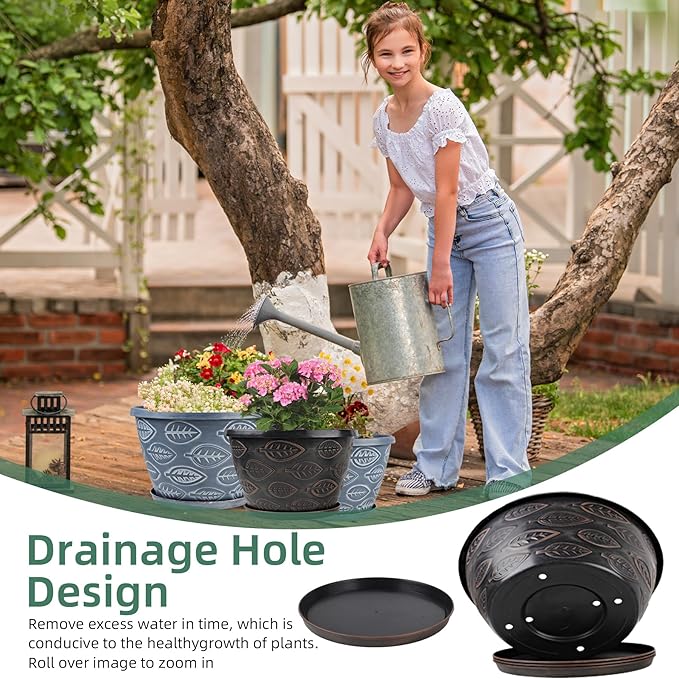 3 Pack Flower Pots Outdoor 11 Inch Plant Pots Indoor Large-Plastic-Plant-Flower-Planters-Pots with Drainage Hole &amp Tray Modern Decorative Garden Pot with Saucer(Brown)
