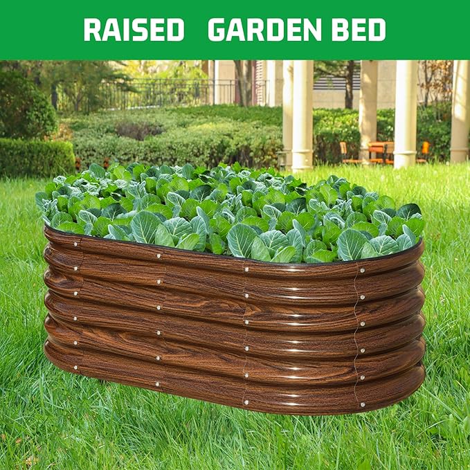 SnugNiture 3 Pcs 4x2x1.5ft Raised Garden Bed Outdoor 17 Tall Galvanized Metal Planter Box Oval Raised Garden Bed Kit for Planting Vegetables Plants Fruits Brown