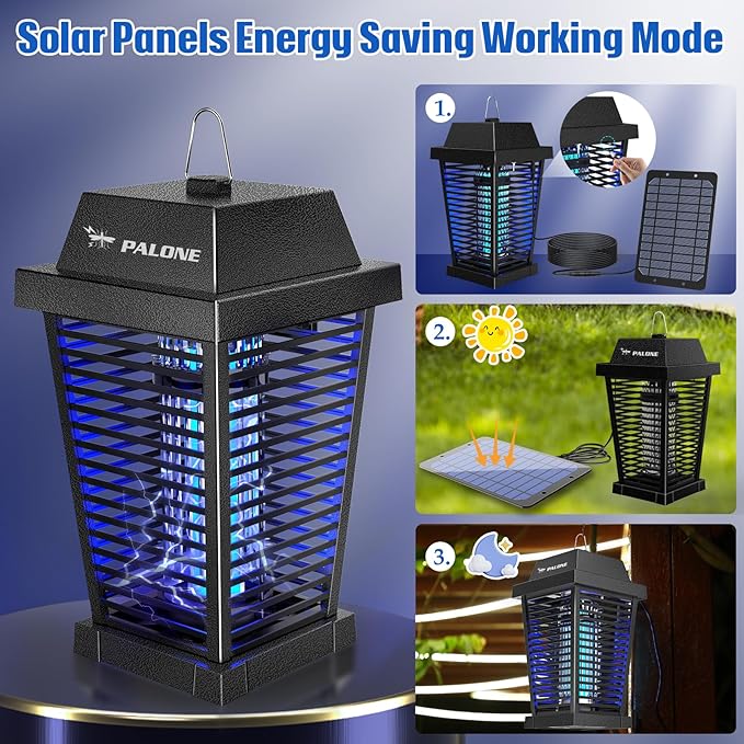 PALONE Solar Bug Zapper 4500V Electric Mosquito Zapper Outdoor Updated Fly Zapper Indoor Rechargeable Mosquito Killer with Solar Panel &amp Type-C Cable Fly Trap with UV Light for Flies Gnats Moths