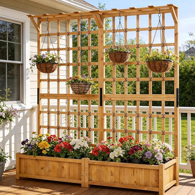 Aoxun 36 Raised Garden Bed with Trellis Wood Planter Container with Hanging Roof &amp Garden Boxes for Climbing Plants Flowers Vine (1 piece)