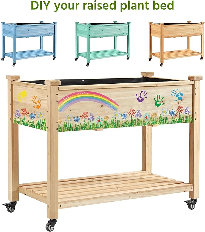Topeakmart Solid Wooden Raised Garden Bed Vegetable Elevated Planter Kit Grow Gardening Box with Legs Storage Shelf &amp Wheels 42x23x33in
