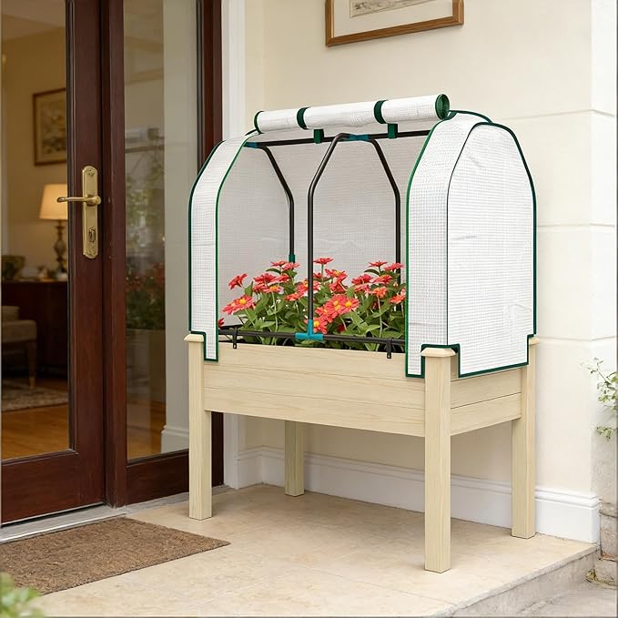 Raised Garden Bed with Legs &amp Retractable Cover 46.9 Tall Planter Box with Non-Woven Fabric Elevated for Vegetables Herbs Flowers Outdoor Patio Balcony 88 LB Capacity (Natural Wood)