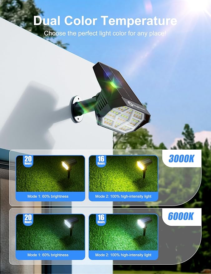 Brightown 6Pack Solar Spot Lights Outdoor [Cool &amp Warm Light 2-in-1] IP67 Solar Lights Outdoor Waterproof with 1800mAh Two Mounting Methods Outdoor Solar Lights for Yard Garden and Pathway