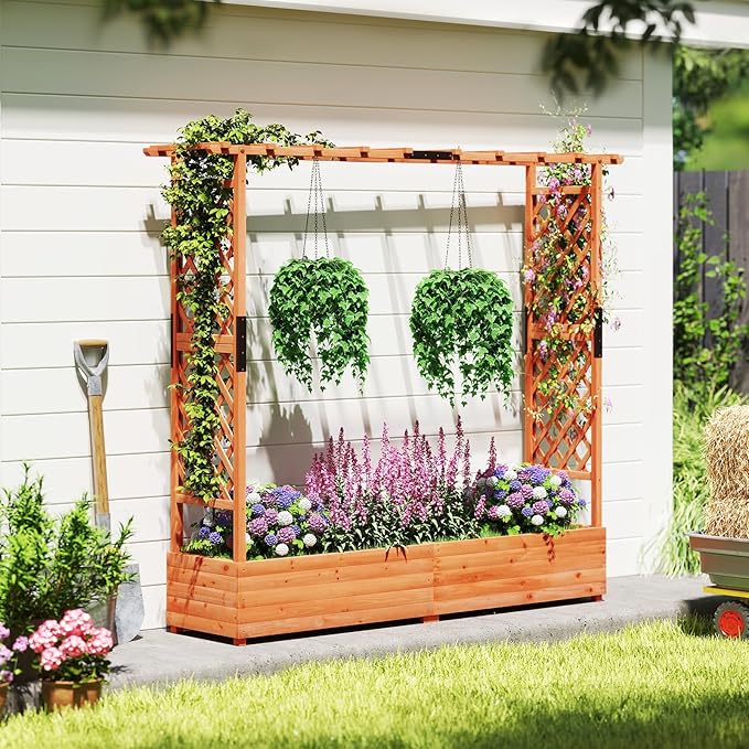 ORALNER Raised Garden Bed with Trellis Wooden Planter Box with Climbing Frame Outdoor Elevated Garden Box for Vegetables Herbs Flowers Fruits (Extra Large)