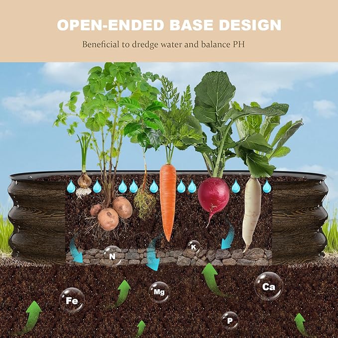 4x2x1FT Galvanized Raised Garden BedsRaised Garden Bed with Safety Edging and GlovesOval Metal Planter Box for Gardening Vegetables Flowers Herb-Classic Walnut
