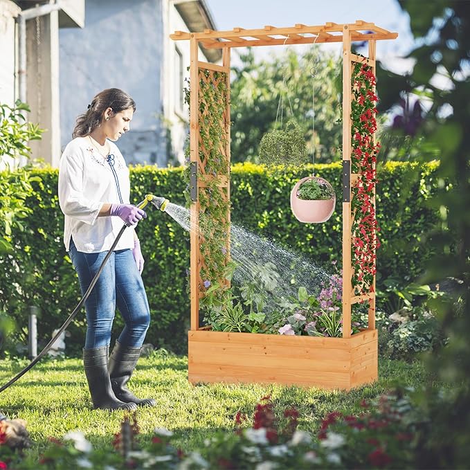 Raised Garden Bed with Trellis Set of 2 Wood Garden Planter w/Hanging Roof Drainage Holes for Vine Climbing Plants Elevated Planter Box for Patio Yard 43.5 x 17.5 x 72