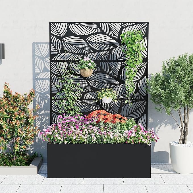 Metal Raised Garden Bed with Trellis Privacy Screen – Large 15.8 Deep Black Planter for Climbing Plants &amp Vegetables – Galvanized Steel Drainage Holes – 118x40x180cm Birch Leaf Design
