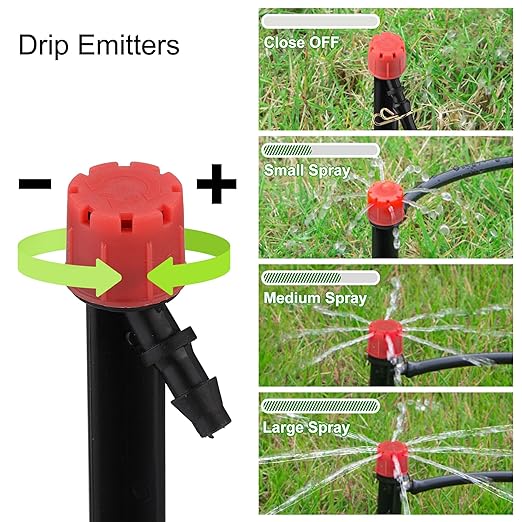 110Ft DIY Irrigation System with Drip Vortex Watering Sprinkler Nozzles 1/4 Garden Misting System with Hose Tubing Connectors Clamps Drip Emitters for Greenhouse Patio Lawn Raised Bed Outdoor
