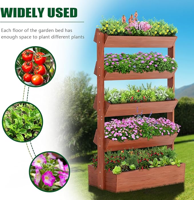 SUNYRISY 5 Tiers Vertical Wooden Raised Garden Bed Outdoor Freestanding Garden Planter Box Stand for Planting Herbs Flowers Vegetables Outdoor Gardening