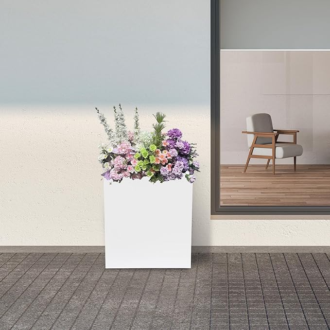 Metal Planter Box Indoor &amp Outdoor Planter Box Metal Garden Planter for Plants and Flowers Fits for Outside Indoor Garden (White)