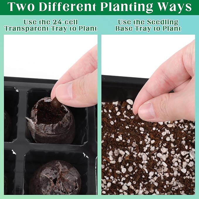 4 Sets Seed Starter Tray Kit Germination Starter Tray with Humidity Dome and Base Include 100 Peat Pellets 100 Plant Labels Garden Tools Plastic Plant Growing Trays for Greenhouse Garden Black