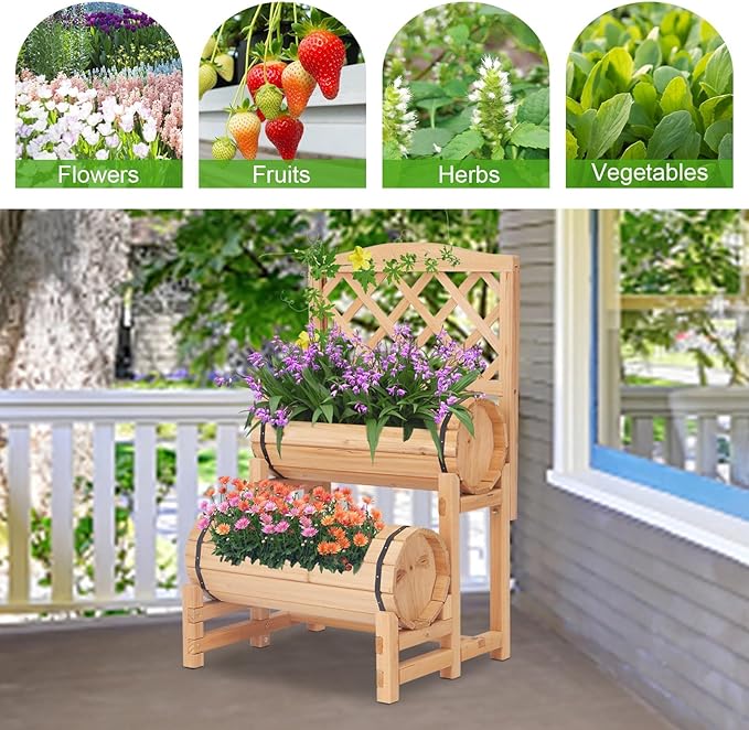 Outdoor Wood Raised Garden Bed Raised Planter Box Planter with Trellis Elevated Garden Bed for Gardening Vegetables Flowers Climbing Plants Growing Garden Balcony Patio Yard