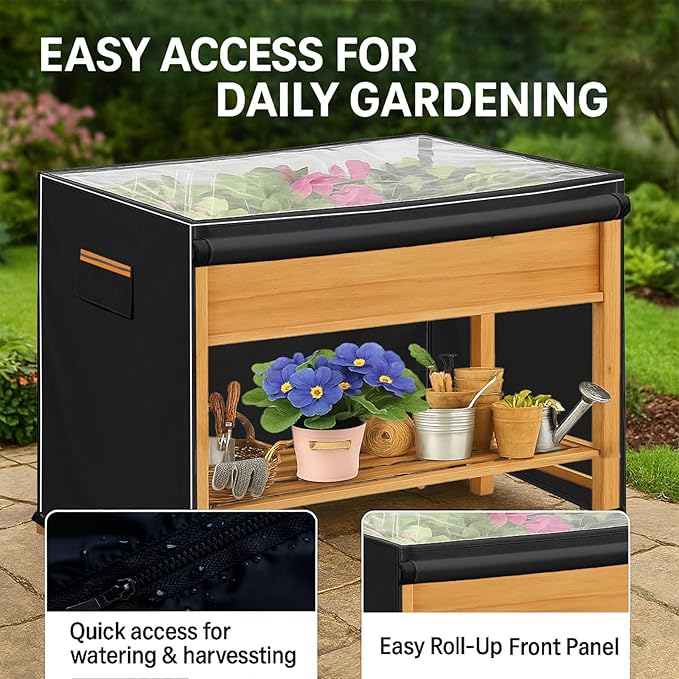 Outdoor Raised Garden Bed Winter Cover 48 L x 24 W x 30 H Heavy-Duty 2-Layer 600D Oxford Fabric Waterproof Insulated with Transparent PVC Top for All-Weather Elevated Wood Planter Box