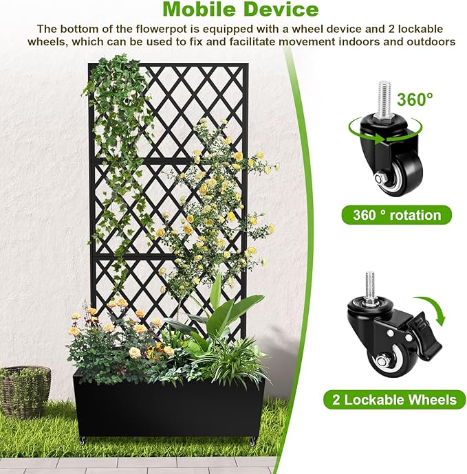Metal Planter Box with Trellis 72x35x16 Metal Raised Garden Bed with Trellis Trellis Planter Box with Drainage Holes &amp Lockable Casters for Climbing Plants Vegetables and Vines