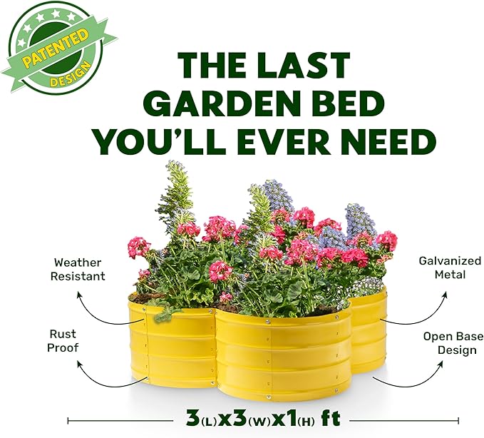 Plant &amp Plot Galvanized Raised Garden Beds Outdoor // 3×3×1 ft Planter Raised Beds for Gardening Vegetables Flowers // Large Metal Garden Box (Yellow) // Patented Tool-Free Design