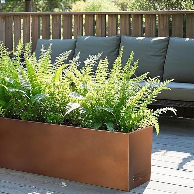 Worth Metal Planter Box with Insert Plate &amp Drain Holes Indoor or Outdoor Use No Assembly Required 30 x 11 x 13 14.3 Gallons Matte Bronze