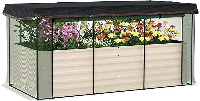 Outsunny 7.3 x 3.4 x 2 ft Galvanized Raised Garden Bed with Crop Cage Plant Protection Net and Shade Cloth Roof Metal Planter Box with Cover for Vegetables Flowers Herbs Beige