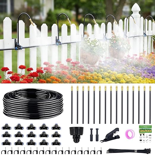 360° Adjustable Drip Irrigation System - Compatible 1/4 Irrigation System 50FT Garden Watering Atomizing System with 15 Nozzles Greenhouse Accessories for Yard Lawn Plants Garden