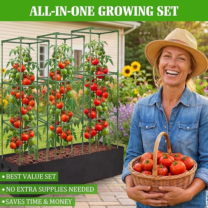 3-Pack Tomato Cage with 86 Gallon Raised Garden Bed - Anti Collapse Steel Core Plant Support System for Climbing Vegetables Plants Flowers 41 Adjustable Vertical Tomato Trellis for Garden Balcony