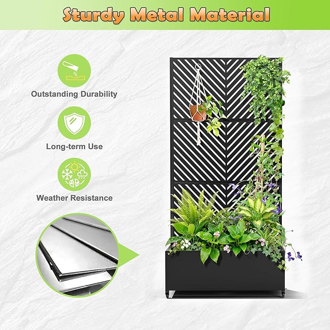 Metal Raised Garden Bed with Trellis 2-in-1 Planter Box &amp Privacy Screen for Climbing Plants Outdoor Standing Flower Bed with Drainage Holes 35.4 L x 15.7 W x 70.1 H Black-Parallel