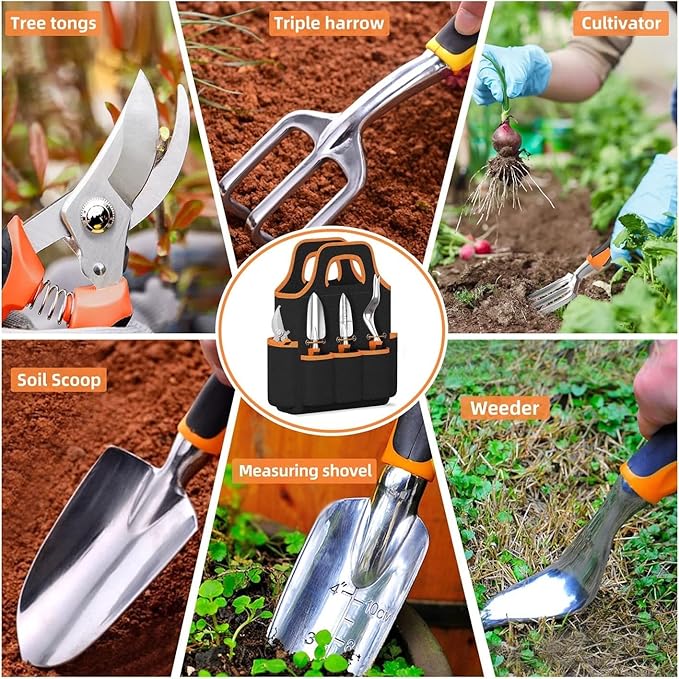 8 Piece Gardening Tools Set Garden Tool kit with Foldable Storage Bag Heavy Duty Garden Tool Set for Tilling Loosening Soil Weeding(3pcs-Orange)