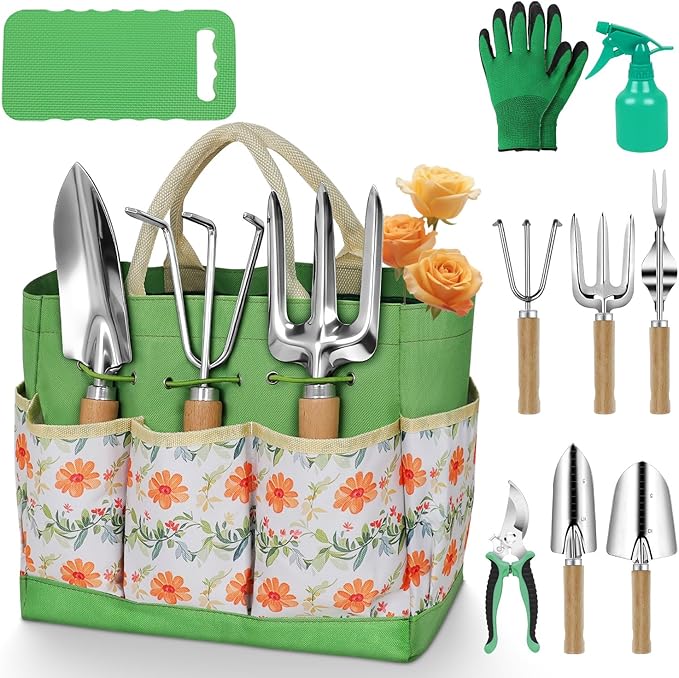 Gardening Tools 10-Piece Heavy Duty Stainless Steel Hand Tools with Durable Garden Tools Storage ToteRust-Proof Garden Tool Set Ideal Gardening Gifts for Women Yellow Floral Pattern Design