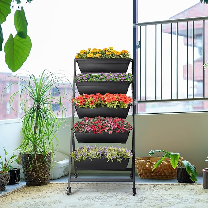 Vertical Garden Bed5 Tiers Vertical Raised Garden Planter with Drainage System &amp Removable Locking WheelsOutdoor Garden Raised BedVegetable Flower Planter Stand for Patio Yard Outdoor Greenhous