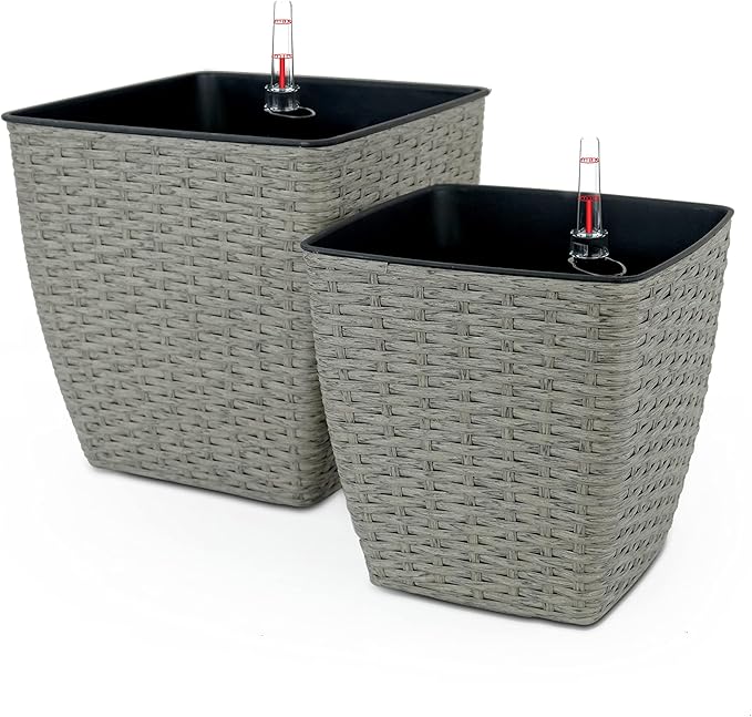 2 Pack Self Watering Planter Hand Woven Wicker Thin Square