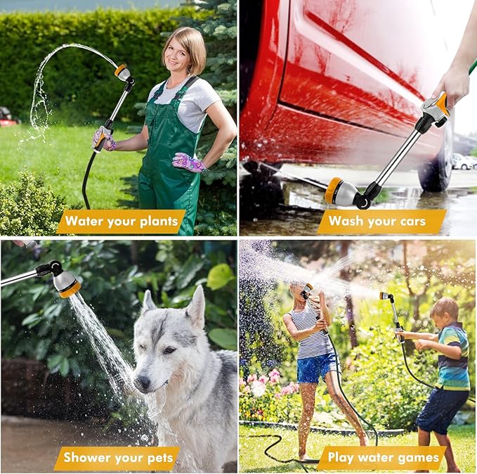 RESTMO Metal Watering Wand Heavy Duty Garden Hose Wand with 180° Swivel Ratcheting Head 16'' Hose Nozzle Sprayer with 7 Spray Patterns and Flow Control for Water Hanging Baskets and Shrubs Yellow