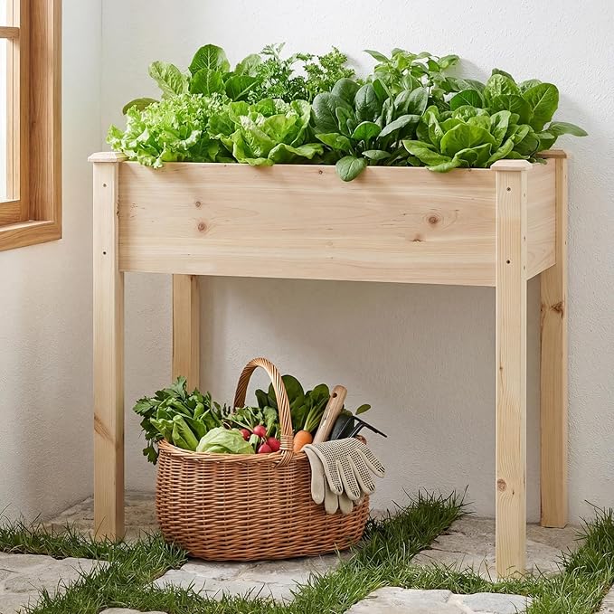 DUMOS Raised Garden Bed with Legs 48x24x30 Inch Planter Box Outdoor with Liner for Herbs Flowers Vegetables Elevated Wooden Garden Bed for Patio Balcony and Backyard Natural Wood