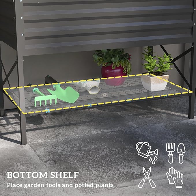 Outsunny Raised Garden Bed with Galvanized Steel Frame Storage Shelf and Bed Liner Elevated Planter Box with Legs for Vegetables Flowers Herbs Dark Gray