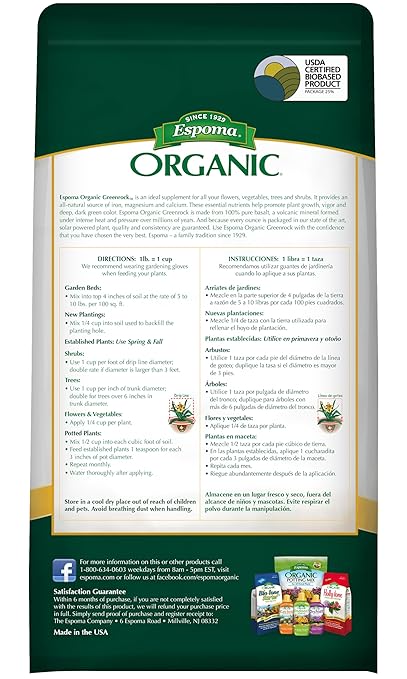 Espoma Organic Greenrock All-Natural Mineral Supplement and Fertilizer for Organic Gardening. for Flowers Vegetables Trees &amp Shrubs. 7 lb. Bag Pack of 1