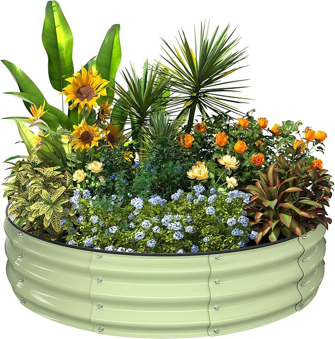 Kesfitt Round Raised Garden Bed 4x4x1 FT Galvanized Steel Metal Garden Bed Open-Bottom Design 12-Inch Deep Outdoor Raised Garden Bed for Vegetables &amp Herbs Fruit Green