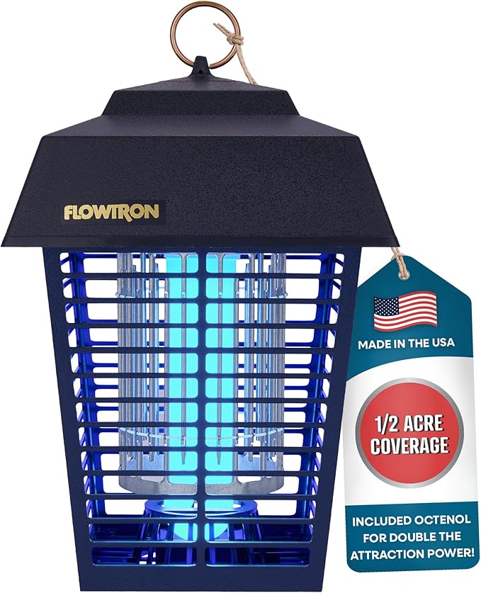 Flowtron Electric Bug Zapper 1/2 Acre Outdoor Insect Control with Dual Lure Method 15W UV Light &amp Octenol Attractant for Fly &amp Mosquito 5600V Kill Grid Made in USA UL Certified