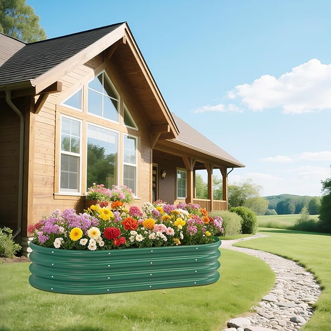 Galvanized Raised Garden Bed Kit Galvanized Planter Raised Garden Boxes Outdoor Oval Metal Raised Garden Beds for Vegetables (Green)