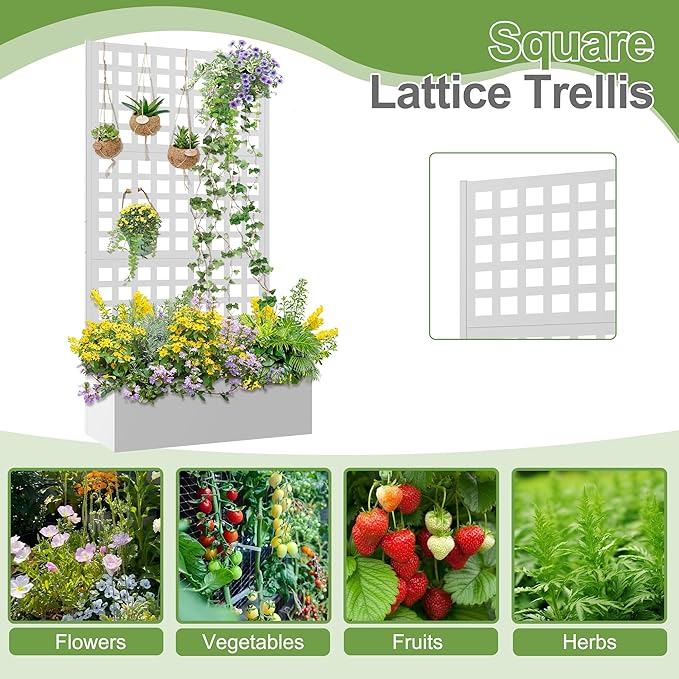 Metal Raised Garden Bed Trellis Planters Bed with Drainage Holes for Climbing Plants Vegetables Outdoor Privacy Screen with Planter Box 73x35x16 White