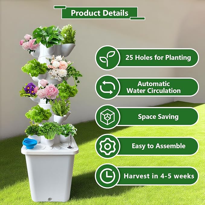 25 Plants Hydroponic Tower Hydroponics Growing System Tower Hydroponics Tower with Timer Automatic Watering Vertical Hydroponic Tower Planter Germination Kit for Herbs Vegetables Fruits